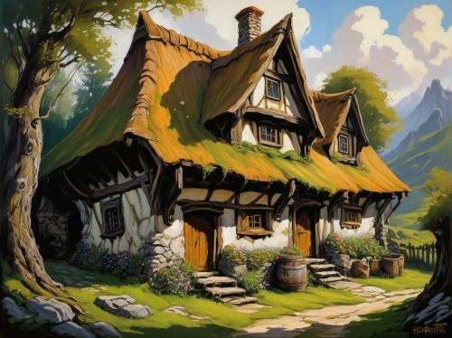witch's house,alpine village,houses clipart,home landscape,mountain settlement,traditional house,ancient house,mountain village,wooden houses,knight village,thatched cottage,hobbit,house in mountains,little house,escher village,house painting,cottage,half-timbered house,house in the forest,stone houses,Conceptual Art,Fantasy,Fantasy 08