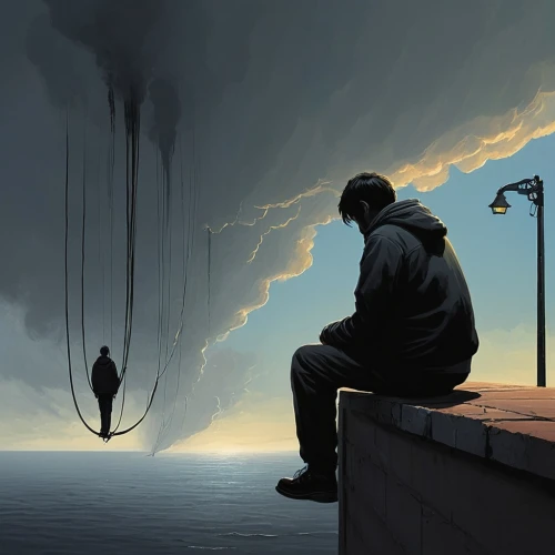 depression,adrift,suspended,surrealism,grief,perception,hanged,self-abandonment,self-reflection,sorrow,loneliness,parallel worlds,man thinking,the illusion,to be alone,drowning,stop youth suicide,trapped,parallel world,empty swing,Conceptual Art,Sci-Fi,Sci-Fi 07