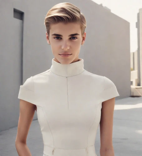 short blond hair,insurgent,audrey hepburn-hollywood,white beauty,mannequin,justin bieber,white clothing,blond girl,white shirt,mother of pearl,newt,blonde woman,holy maria,cool blonde,blond,stewardess,white,white coat,collared,shoulder pads,Photography,Realistic
