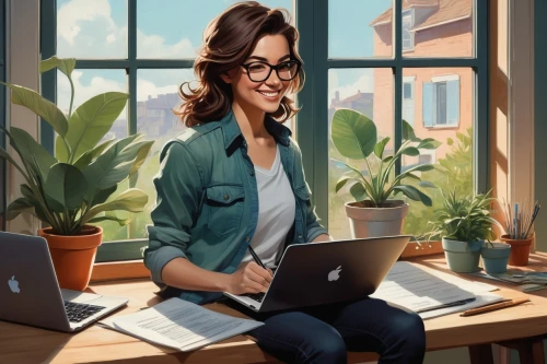 girl studying,girl at the computer,women in technology,vector illustration,illustrator,background vector,work from home,world digital painting,fashion vector,work at home,sci fiction illustration,working space,office worker,vector graphics,blur office background,freelance,bussiness woman,freelancer,game illustration,woman eating apple,Conceptual Art,Oil color,Oil Color 04