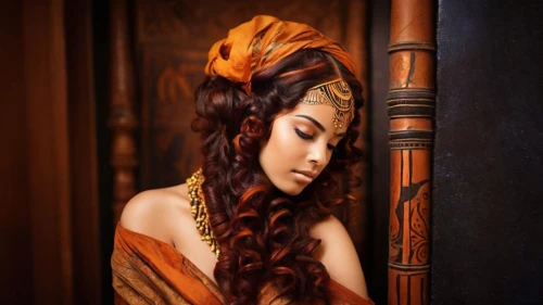 ancient egyptian girl,cleopatra,polynesian girl,headpiece,feather headdress,arabian,headdress,gypsy hair,oriental princess,asian costume,indian headdress,polynesian,tiger lily,javanese,ancient costume,henna dividers,orange robes,maori,athena,oriental girl