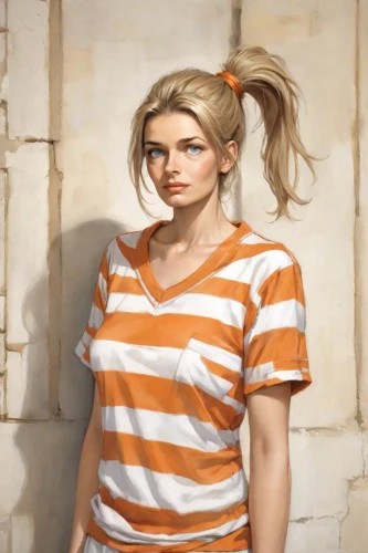 girl in t-shirt,prisoner,portrait background,blonde woman,isolated t-shirt,horizontal stripes,girl in a long,striped background,girl in a historic way,blond girl,young woman,photo painting,women clothes,world digital painting,blonde girl,woman thinking,photoshop manipulation,woman holding gun,the girl's face,female model,Digital Art,Comic