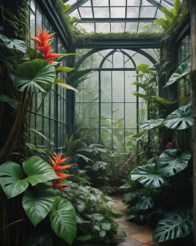 conservatory,greenhouse,palm house,tropical jungle,winter garden,greenhouse cover,exotic plants,the palm house,tunnel of plants,tropical bloom,flower dome,vintage botanical,indoor,botanical frame,rainforest,garden of plants,rain forest,plant tunnel,botanical gardens,jungle,Conceptual Art,Oil color,Oil Color 05