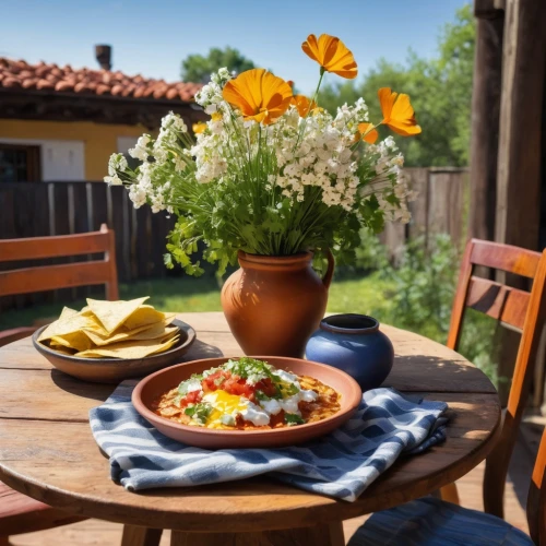 garden breakfast,outdoor dining,outdoor table,breakfast outside,garden salad,southwestern united states food,outdoor table and chairs,vegetables landscape,alfresco,flower bowl,outdoor cooking,tex-mex food,pico de gallo,potted flowers,salad plate,summer still-life,huevos rancheros,pozole,mexican foods,vegetable garden,Conceptual Art,Oil color,Oil Color 01