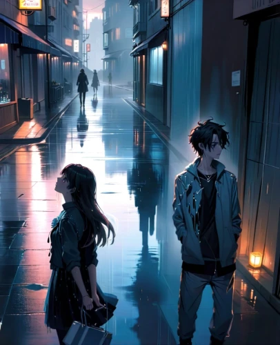 walking in the rain,sci fiction illustration,alleyway,citylights,city lights,night scene,alley,sidewalk,in the rain,blind alley,boy and girl,rainy,anime 3d,cyberpunk,world digital painting,cg artwork,girl walking away,street scene,blue rain,street lights,Anime,Anime,General