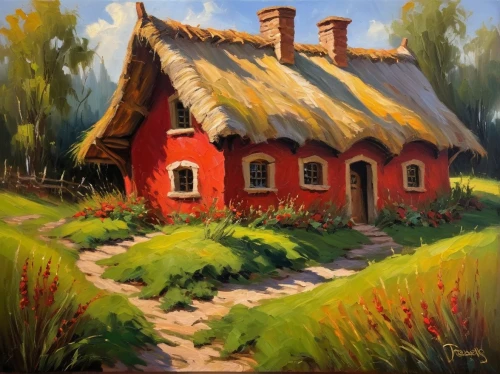 cottage,summer cottage,country cottage,home landscape,traditional house,thatched cottage,little house,small house,cottages,danish house,fisherman's house,farm house,farmhouse,farm hut,red barn,house in the forest,house painting,lonely house,red roof,woman house,Conceptual Art,Oil color,Oil Color 22