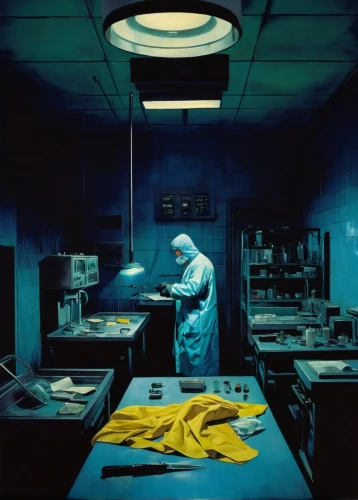 operating room,sci fi surgery room,fish-surgeon,surgeon,chemical laboratory,surgery room,operating theater,contamination,the morgue,darkroom,laboratory oven,laboratory,protective suit,girl in the kitchen,chef's uniform,hazmat suit,radioactivity,blue-collar worker,children's operation theatre,the kitchen,Conceptual Art,Sci-Fi,Sci-Fi 16