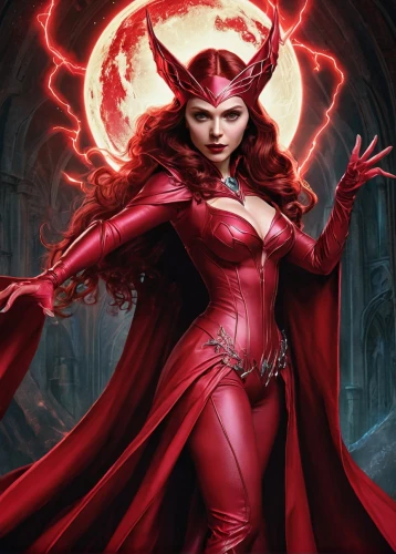 scarlet witch,darth talon,dodge warlock,sorceress,devil,red,evil woman,lady in red,red super hero,vampire woman,goddess of justice,the enchantress,fiery,red lantern,fire siren,red coat,red chief,fire devil,fantasy woman,jaya,Illustration,Realistic Fantasy,Realistic Fantasy 02