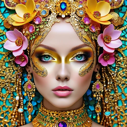 fairy peacock,fantasy portrait,cleopatra,masquerade,golden wreath,oriental princess,golden mask,jeweled,fantasy art,embellished,golden crown,medusa,gold flower,beauty face skin,gold mask,the enchantress,fantasy woman,golden flowers,mystical portrait of a girl,peacock,Photography,General,Realistic
