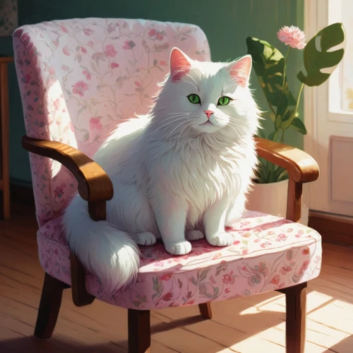 turkish angora,tea party cat,domestic long-haired cat,flower cat,sitting on a chair,floral chair,american curl,white cat,pink chair,vintage cat,cat portrait,norwegian forest cat,pink cat,napoleon cat,pet portrait,sit,cat image,british longhair cat,figaro,cat,Illustration,Paper based,Paper Based 19
