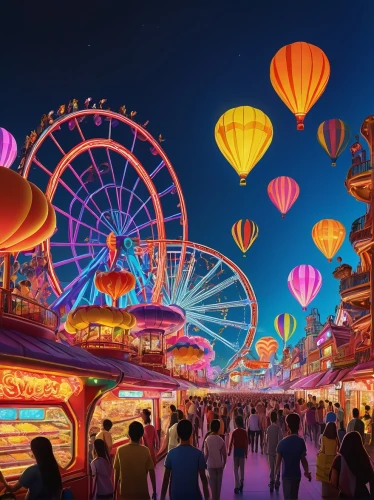 neon carnival brasil,hot-air-balloon-valley-sky,shanghai disney,annual fair,fairground,the disneyland resort,funfair,california adventure,amusement park,carnival tent,vivid sydney,carousel,carnival,feria colors,teacups,disneyland paris,amusement ride,rides amp attractions,mid-autumn festival,colorful balloons,Illustration,Retro,Retro 11