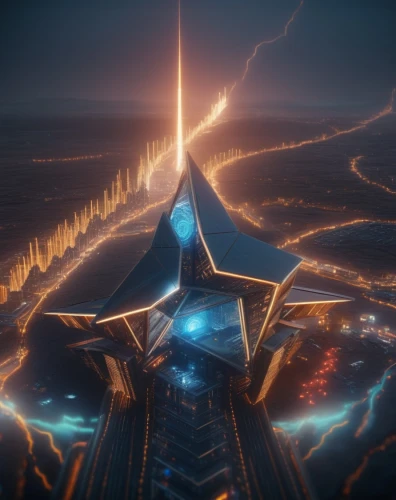 russian pyramid,futuristic landscape,triangles background,electric tower,pyramids,ethereum logo,ethereum icon,beacon,astral traveler,shard of glass,the ethereum,cg artwork,excalibur,spire,pyramid,monolith,background image,artifact,futuristic architecture,alien ship,Photography,General,Sci-Fi