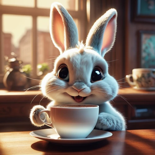 cup of cocoa,white rabbit,teacup,white bunny,bunny,little bunny,cute coffee,cute cartoon character,thumper,little rabbit,hot cocoa,hot drink,drinking coffee,deco bunny,a cup of tea,tea time,coffee break,cappuccino,gray hare,coffee background,Photography,General,Realistic