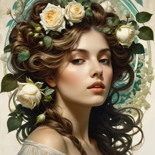 rose wreath,fantasy portrait,rose flower illustration,flora,gardenia,faery,jasmine blossom,laurel wreath,scent of roses,romantic portrait,mucha,porcelain rose,wild roses,white rose snow queen,moonflower,elven flower,blooming wreath,scent of jasmine,girl in a wreath,flower girl,Conceptual Art,Fantasy,Fantasy 05