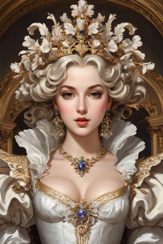 white lady,baroque angel,white rose snow queen,rococo,fantasy portrait,pearl necklace,victorian lady,the carnival of venice,bridal accessory,baroque,queen of hearts,cinderella,porcelain dolls,bridal jewelry,golden crown,suit of the snow maiden,gold crown,pearl necklaces,the snow queen,queen anne,Art,Classical Oil Painting,Classical Oil Painting 01