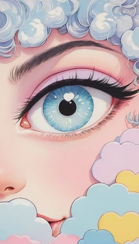 eyedropper,women's eyes,clouds - sky,soft pastel,cloud mood,psychedelic art,surrealistic,paper clouds,cumulus,daydream,clouds,raincloud,cosmic eye,think bubble,meticulous painting,wonderland,cloudy day,about clouds,cloudy,dreamland,Illustration,Retro,Retro 07