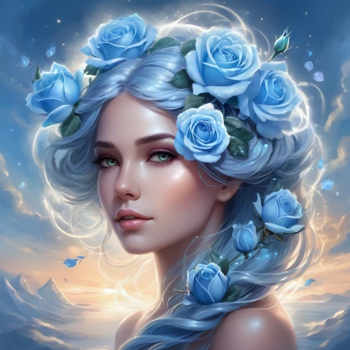 blue rose,blue moon rose,fantasy portrait,blue hydrangea,white rose snow queen,rose flower illustration,blue petals,romantic portrait,sky rose,blue enchantress,elven flower,blue flower,jasmine blue,romantic rose,mystical portrait of a girl,fantasy art,blue flowers,water rose,rosa 'the fairy,winter rose,Illustration,Realistic Fantasy,Realistic Fantasy 01