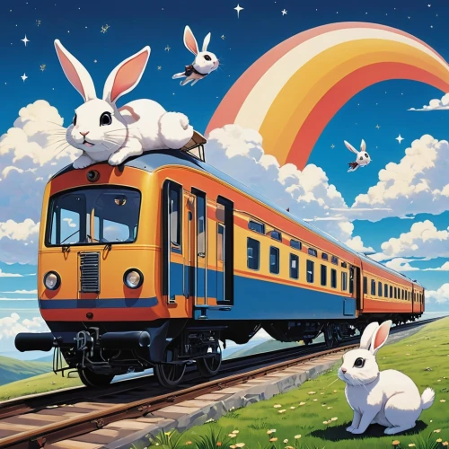 animal train,hare trail,easter rabbits,easter theme,rabbits and hares,gray hare,galaxy express,queensland rail,international trains,rabbits,deutsche bahn,retro easter card,rainbow rabbit,last train,happy easter hunt,special train,hares,white rabbit,eurobahn,easter card