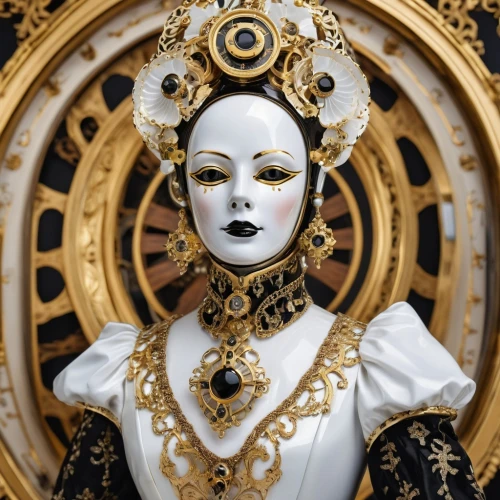 the carnival of venice,venetian mask,masquerade,clockwork,golden mask,elizabeth i,mary-gold,gold mask,baroque,baroque angel,pierrot,golden wreath,geisha,ornate,porcelain dolls,priestess,versailles,victorian lady,porcelain,white lady