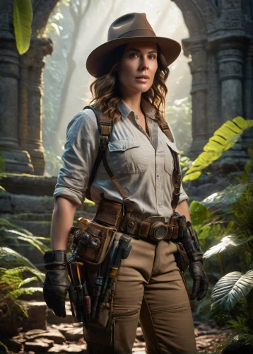 lara,park ranger,indiana jones,ranger,biologist,the hat-female,leather hat,zookeeper,khaki,missisipi aligator,girl with gun,woman holding gun,piper,safari,female doctor,holding a gun,a uniform,explorer,fedora,sheriff,Photography,General,Sci-Fi