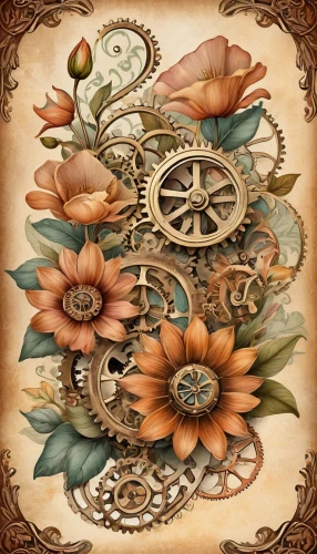 steampunk gears,wooden wheel,digiscrap,cog wheels,ships wheel,cogwheel,ship's wheel,flowers mandalas,flower mandalas,dharma wheel,coffee wheel,mandala flower illustration,flowers in wheel barrel,antique background,cogs,flora abstract scrolls,cog,old wooden wheel,paper flower background,flowers png,Illustration,Realistic Fantasy,Realistic Fantasy 13