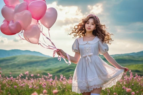 pink balloons,little girl with balloons,beautiful girl with flowers,pink ribbon,little girl in pink dress,girl in flowers,heart balloons,pink floral background,heart pink,flower background,romantic look,fringed pink,red balloons,colorful balloons,cheerfulness,hearts color pink,red balloon,romantic portrait,balloons,light pink,Illustration,Realistic Fantasy,Realistic Fantasy 43