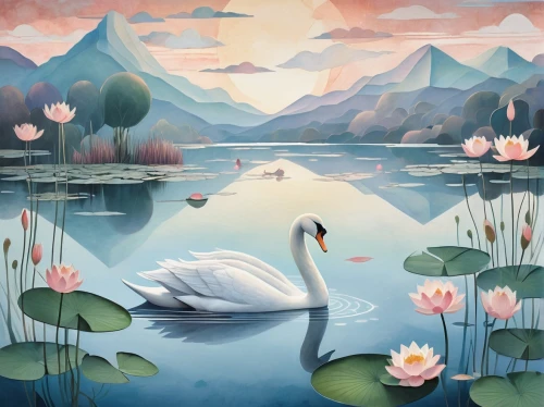 swan lake,swan on the lake,swan boat,trumpeter swans,swan,swans,constellation swan,canadian swans,white swan,trumpeter swan,swan pair,lotuses,trumpet of the swan,young swan,bird painting,swan cub,baby swans,mourning swan,lotus on pond,tundra swan,Art,Artistic Painting,Artistic Painting 45