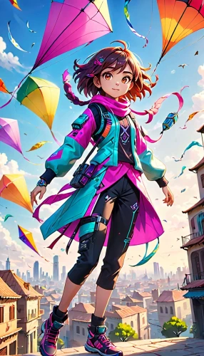 monsoon banner,kite flyer,colorful background,colorful city,little girl in wind,little girl with umbrella,rainbow background,kites,summer umbrella,colorful balloons,anime japanese clothing,flying girl,kite,colorful life,umbrella,asian umbrella,cg artwork,raincoat,fashionable girl,rainbow pencil background,Anime,Anime,Cartoon
