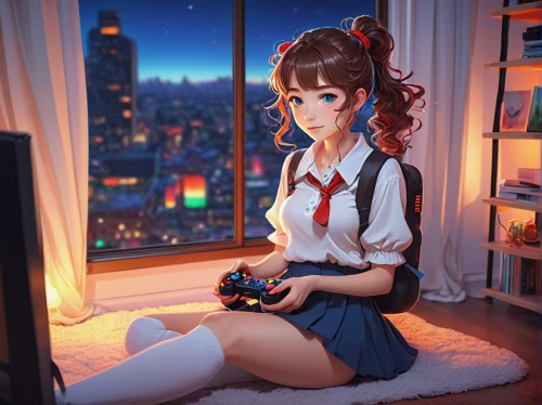 gamer,girl at the computer,gaming,gamer zone,playstation,consoles,girl studying,video gaming,anime girl,gamers,retro girl,gamers round,game addiction,computer game,girl sitting,game illustration,sega,videogame,lan,sega mega drive,Illustration,Japanese style,Japanese Style 21