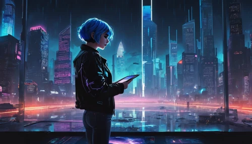 cyberpunk,blue rain,futuristic,futuristic landscape,cyber,dystopian,cityscape,sci fiction illustration,cg artwork,taipei,echo,aqua,indigo,scifi,cyberspace,metropolis,android inspired,blu,city lights,dystopia,Illustration,Black and White,Black and White 33