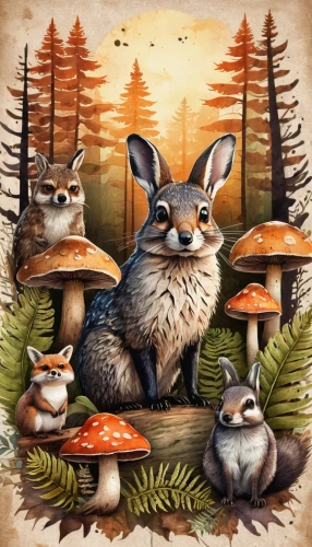 woodland animals,whimsical animals,forest animals,fox stacked animals,mushroom landscape,fall animals,anthropomorphized animals,raccoons,cartoon forest,squirrels,toadstools,forest animal,game illustration,autumn theme,garden-fox tail,squirell,my neighbor totoro,north american raccoon,pine family,forest mushrooms,Illustration,Realistic Fantasy,Realistic Fantasy 12