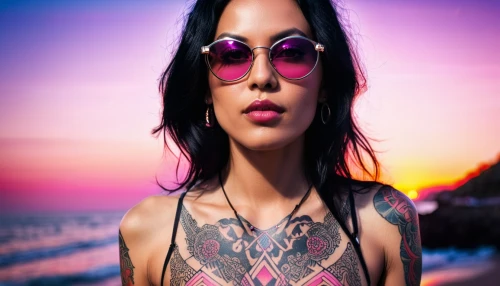 tattoo girl,colorful background,background colorful,image manipulation,aviator sunglass,tattoos,photoshop manipulation,rosa ' amber cover,portrait background,summer background,purple background,cuba background,photographic background,bandana background,with tattoo,beach background,pink background,pink round frames,image editing,3d background