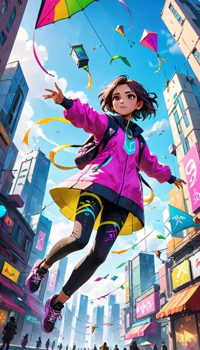 flying girl,colorful city,kite flyer,little girl in wind,world digital painting,little girl with umbrella,kites,kids illustration,kite,harajuku,play street,little girl running,pedestrian,fly a kite,asian umbrella,colorful life,taipei,cg artwork,kite climbing,vector girl,Anime,Anime,Cartoon