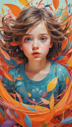 little girl in wind,little girl with balloons,mystical portrait of a girl,girl in flowers,kahila garland-lily,children's background,girl in a wreath,flower painting,child portrait,orange blossom,world digital painting,kids illustration,illustrator,child art,art painting,child girl,orange petals,inner child,psychedelic art,orange,Conceptual Art,Oil color,Oil Color 05