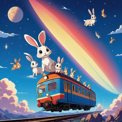 hare trail,rabbits and hares,rainbow rabbit,gray hare,animal train,white rabbit,hare of patagonia,rabbits,easter rabbits,hares,sky train,easter theme,thumper,galaxy express,rabbit family,cablecar,deco bunny,peter rabbit,easter background,train ride