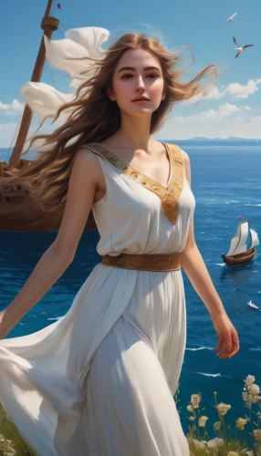 the wind from the sea,world digital painting,girl on the boat,fantasy picture,little girl in wind,the sea maid,heroic fantasy,fantasy art,fantasy portrait,celtic woman,at sea,greek mythology,greek myth,sea fantasy,sails,girl in a historic way,ship releases,biblical narrative characters,scarlet sail,moana