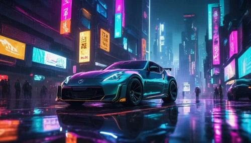 3d car wallpaper,neon,nissan gtr,neon lights,cyberpunk,neon arrows,futuristic,nissan gt-r,nissan 370z,audi e-tron,neon light,infiniti,a45,nissan 350z,colorful city,light trails,colored lights,gtr,mercedes amg a45,city car,Illustration,Realistic Fantasy,Realistic Fantasy 06