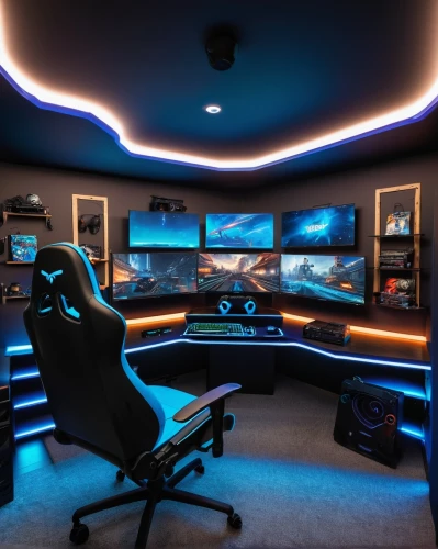 game room,computer room,little man cave,great room,computer desk,secretary desk,monitor wall,desk,control desk,computer workstation,creative office,gamer zone,recreation room,playing room,monitors,aqua studio,modern room,visual effect lighting,music workstation,ufo interior,Art,Classical Oil Painting,Classical Oil Painting 10