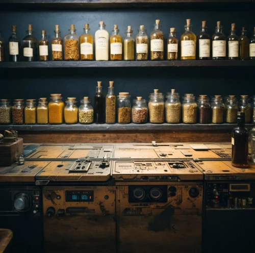 apothecary,bar counter,workbench,liquor bar,unique bar,brandy shop,vintage kitchen,distillation,laboratory,chemical laboratory,formula lab,mixing table,distilled beverage,kitchen shop,bar,wine cultures,potions,kitchen tools,barmaid,bartender