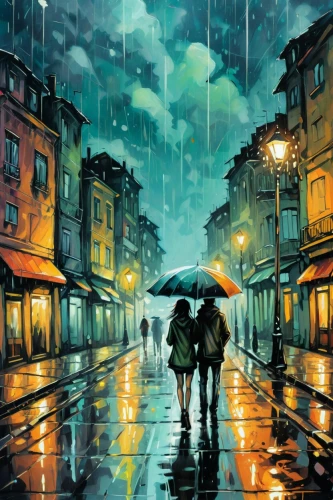 walking in the rain,oil painting on canvas,romantic scene,umbrellas,man with umbrella,rainy,golden rain,in the rain,art painting,rainy day,monsoon,oil painting,rainy season,hanoi,night scene,rains,heavy rain,rain,romantic night,rainstorm,Illustration,Realistic Fantasy,Realistic Fantasy 23