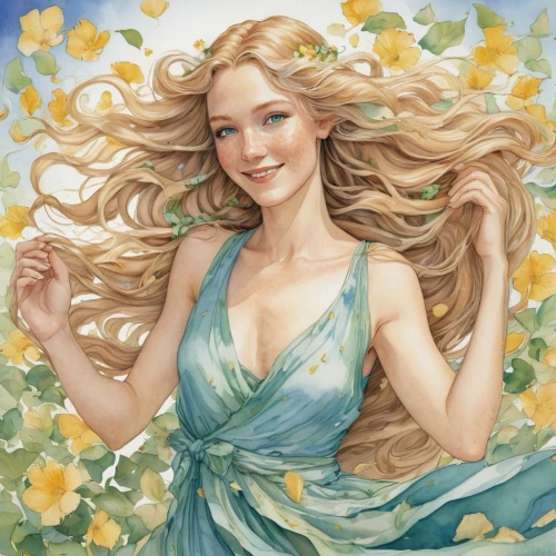 jessamine,flora,girl in flowers,rapunzel,elsa,virgo,celtic woman,flower fairy,spring crown,fae,elven flower,blooming wreath,daffodils,aphrodite,beautiful girl with flowers,rosa ' amber cover,fantasy portrait,girl in a wreath,vanessa (butterfly),rosa 'the fairy,Illustration,Realistic Fantasy,Realistic Fantasy 04