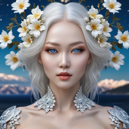 white rose snow queen,elven flower,fantasy portrait,the snow queen,white blossom,suit of the snow maiden,elven,faerie,ice queen,fantasy art,flower fairy,white lady,blue moon rose,faery,fairy queen,elsa,fantasy picture,albino,porcelain rose,fantasy woman,Photography,General,Realistic