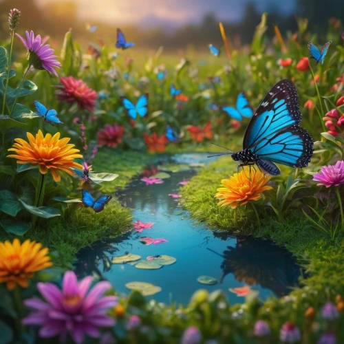 butterfly background,ulysses butterfly,butterfly swimming,butterfly isolated,rainbow butterflies,isolated butterfly,blue butterflies,butterfly floral,blue butterfly background,butterflies,pond flower,fairy world,mirror in the meadow,flower water,chasing butterflies,tropical butterfly,sea of flowers,meadow landscape,summer meadow,flower meadow,Photography,General,Fantasy