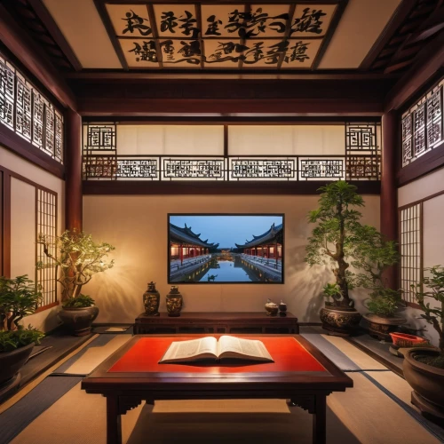 japanese-style room,chinese screen,asian architecture,chinese architecture,ryokan,suzhou,japanese architecture,oriental painting,feng shui,zen garden,living room,hall of supreme harmony,chinese art,wooden windows,yunnan,kyoto,japanese zen garden,chinese temple,sitting room,chinese style