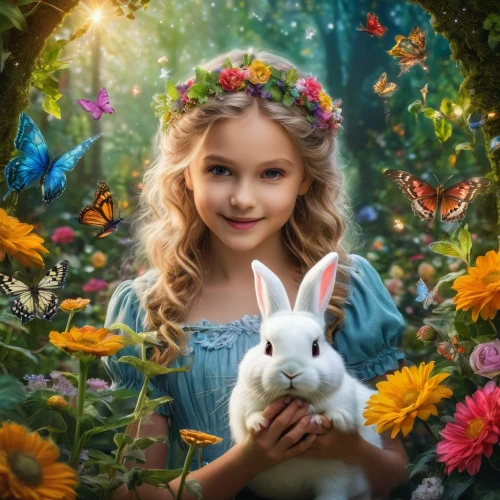 little girl fairy,children's background,children's fairy tale,girl in flowers,beautiful girl with flowers,child fairy,bunny on flower,fantasy picture,faery,springtime background,easter theme,alice in wonderland,faerie,fairy world,spring background,flower fairy,fairy tale character,fairy forest,garden fairy,flower background,Photography,General,Fantasy