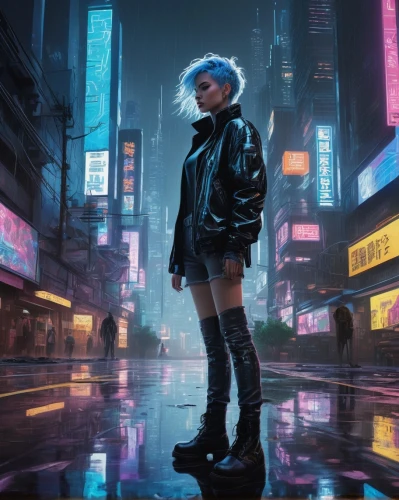 cyberpunk,futuristic,blue rain,walking in the rain,dystopian,2d,tokyo city,tokyo,neon lights,transistor,city lights,pedestrian,in the rain,world digital painting,streampunk,jacket,nerve,sci fiction illustration,shibuya,hong kong,Illustration,American Style,American Style 15