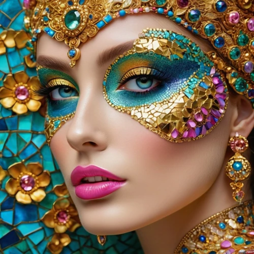 venetian mask,masquerade,the carnival of venice,golden mask,jeweled,beauty face skin,women's cosmetics,fairy peacock,cleopatra,peacock eye,gold mask,beauty mask,oriental princess,vintage makeup,adornments,makeup artist,gold foil mermaid,drusy,embellishments,mermaid vectors,Photography,General,Cinematic