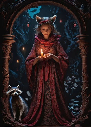 red riding hood,candlemaker,little red riding hood,sorceress,the witch,fortune teller,celebration of witches,children's fairy tale,divination,krampus,tarot,goatflower,the enchantress,fortune telling,fantasy portrait,tarot cards,fantasia,spell,candlemas,dodge warlock,Illustration,Realistic Fantasy,Realistic Fantasy 02