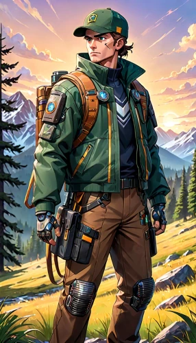 park ranger,ranger,scout,woodsman,rifleman,lumberjack pattern,alm,grenadier,pubg mascot,cargo pants,game illustration,tradesman,mountain guide,builder,engineer,waldmeister,landjäger,patrol,farmer,farmer in the woods,Anime,Anime,General