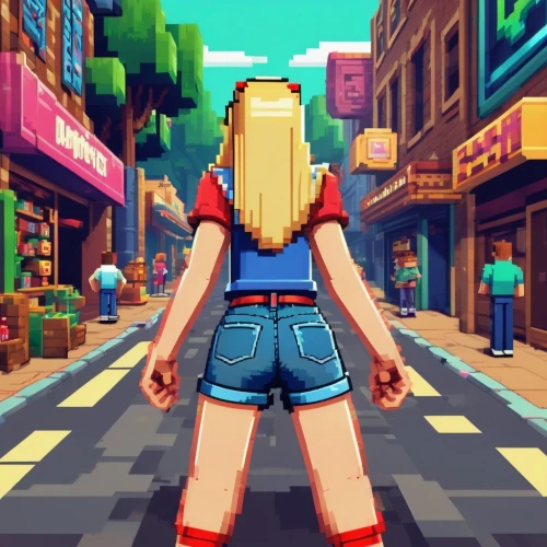 girl walking away,retro girl,pixel art,retro background,pedestrian,retro woman,girl from behind,retro styled,cartoon video game background,a pedestrian,low-poly,game illustration,low poly,2d,woman walking,retro,pixels,superhero background,game art,shopping street,Unique,Pixel,Pixel 04